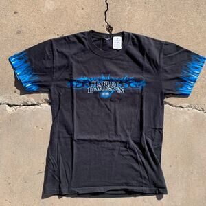 Vintage Harley Davidson Blue Flames Black T-Shirt